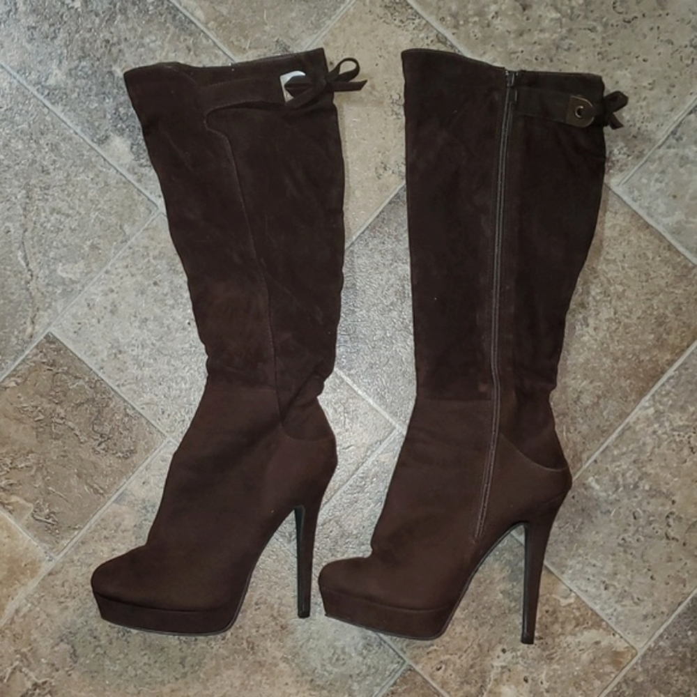 Liliana Studded Tall Brown Heeled Zipper Boots - Picture 2 of 8